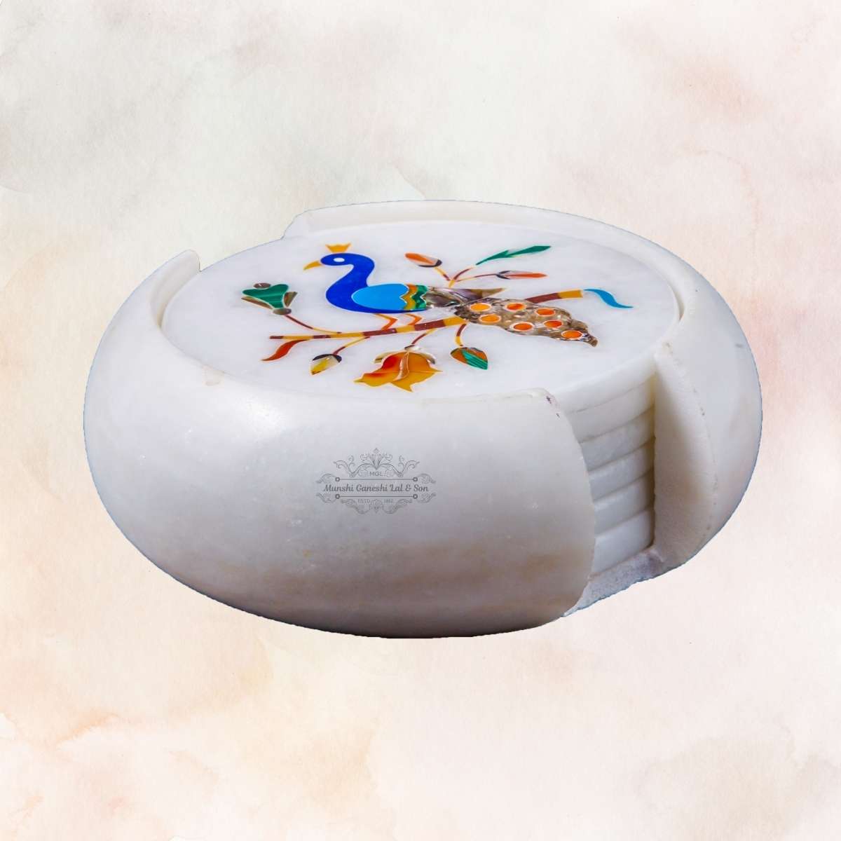 Peacock Carved Design Marble Coaster